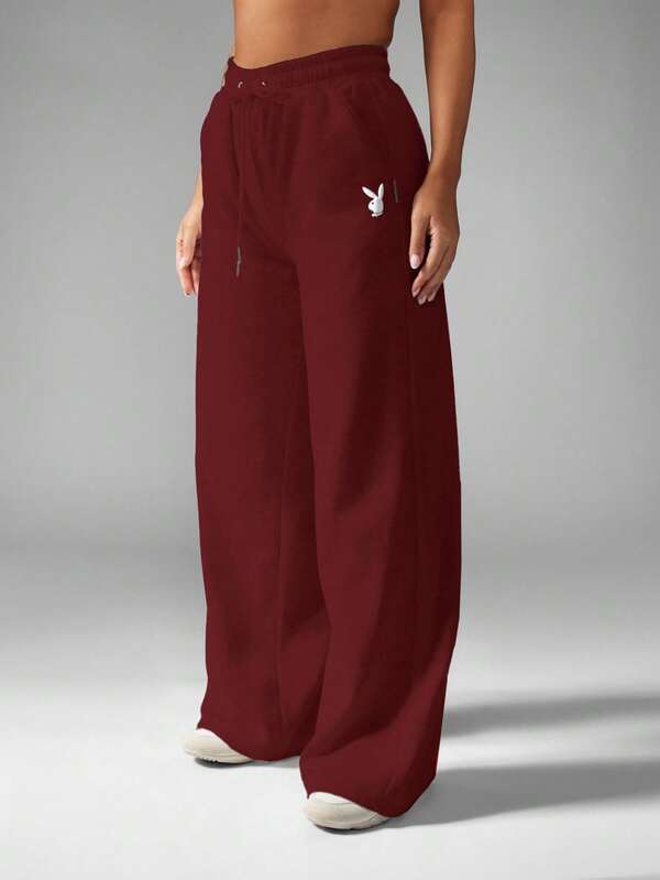 Missguided X Playboy Wide Leg Joggers With Drawstring And Logo Print
