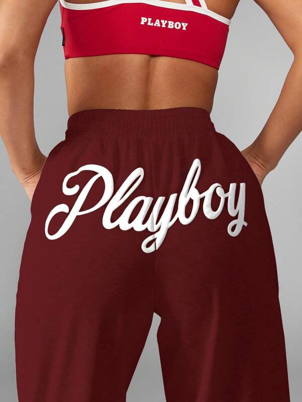 Missguided X Playboy Wide Leg Joggers With Drawstring And Logo Print