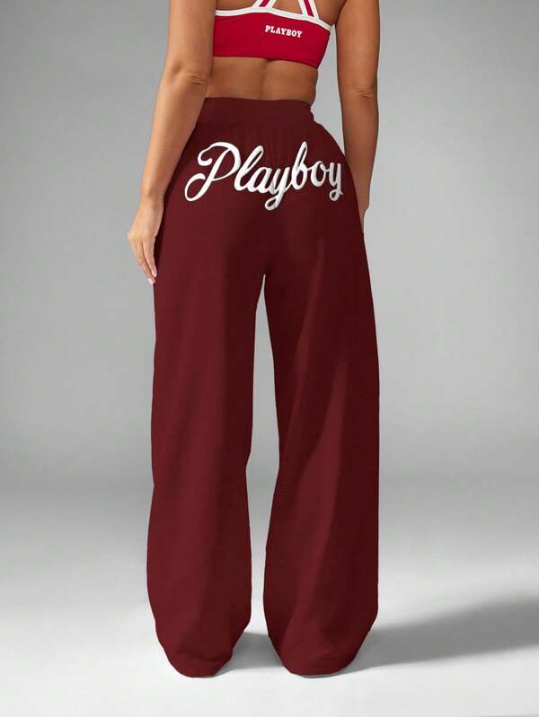 Missguided x Playboy Wide Leg Joggers With Drawstring And Logo Print