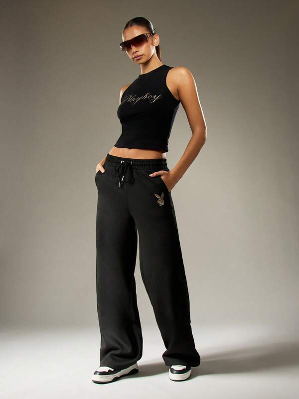 Missguided X Playboy Wide Leg Joggers With Glitter Script Logo