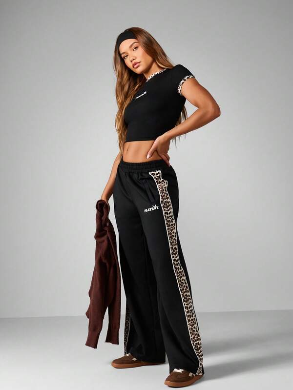 Missguided X Playboy Wide Leg Joggers With Leopard Print Stripe
