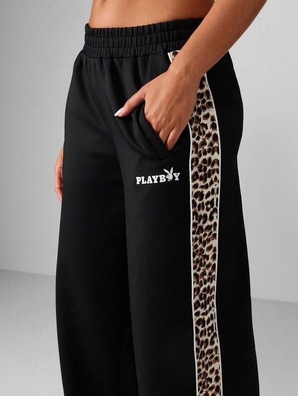 Missguided X Playboy Wide Leg Joggers With Leopard Print Stripe