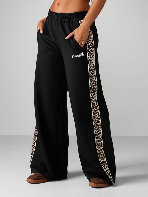 Missguided x Playboy Wide Leg Joggers With Leopard Print Stripe