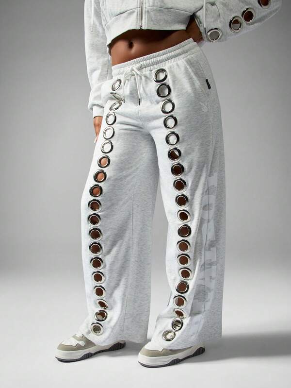 Missguided x Playboy Wide Leg Joggers With Metal Eyelet Details