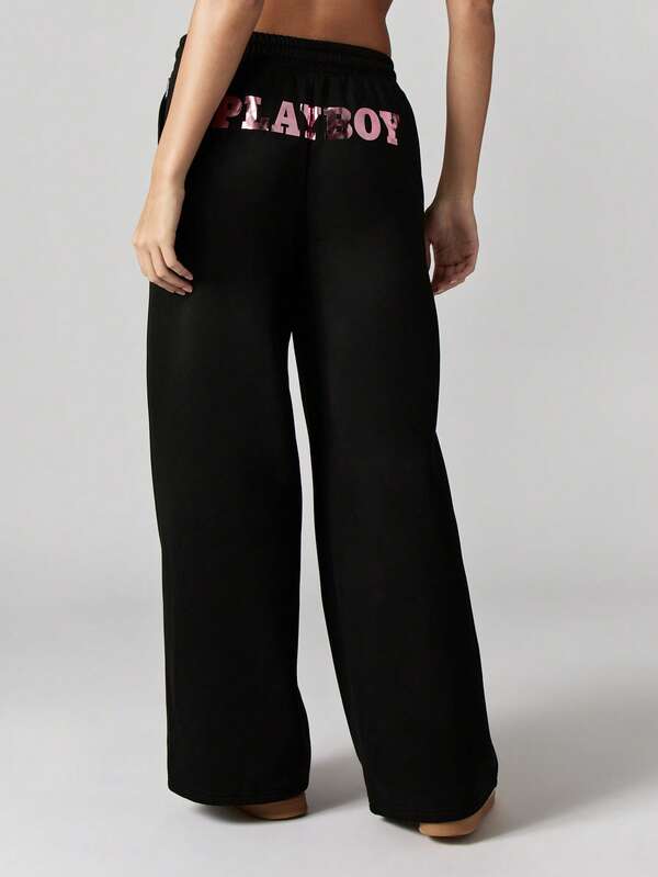 Missguided X Playboy Wide Leg Joggers With Metallic Brand Logo