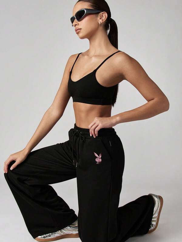 Missguided X Playboy Wide Leg Joggers With Metallic Brand Logo