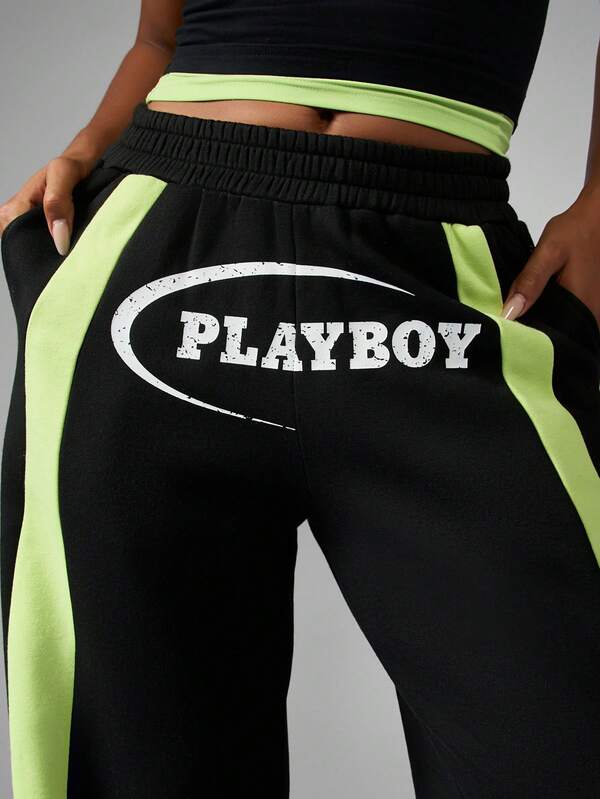Missguided X Playboy Wide Leg Joggers With Neon Side Panels