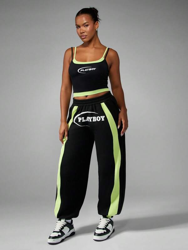 Missguided X Playboy Wide Leg Joggers With Neon Side Panels