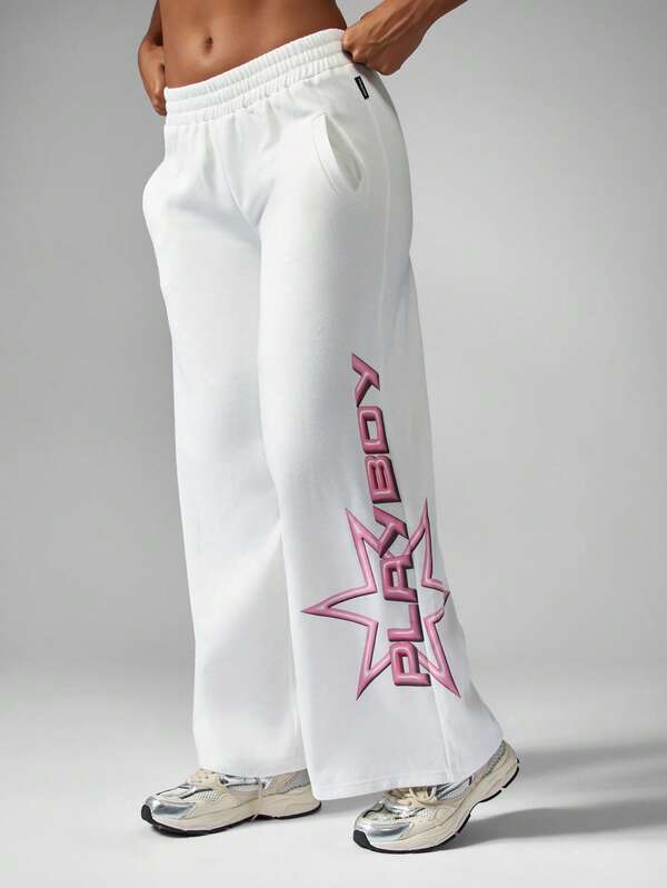Missguided x Playboy Wide Leg Joggers With Pink Star Logo Design