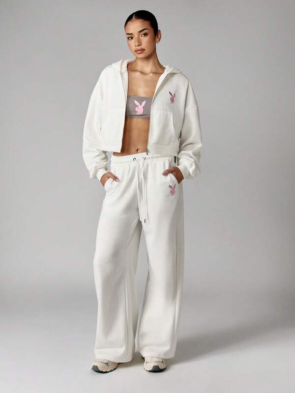 Missguided X Playboy Wide Leg Joggers With Retro Bunny Logo Print