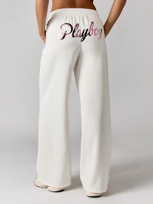 Missguided x Playboy Wide Leg Joggers With Retro Bunny Logo Print
