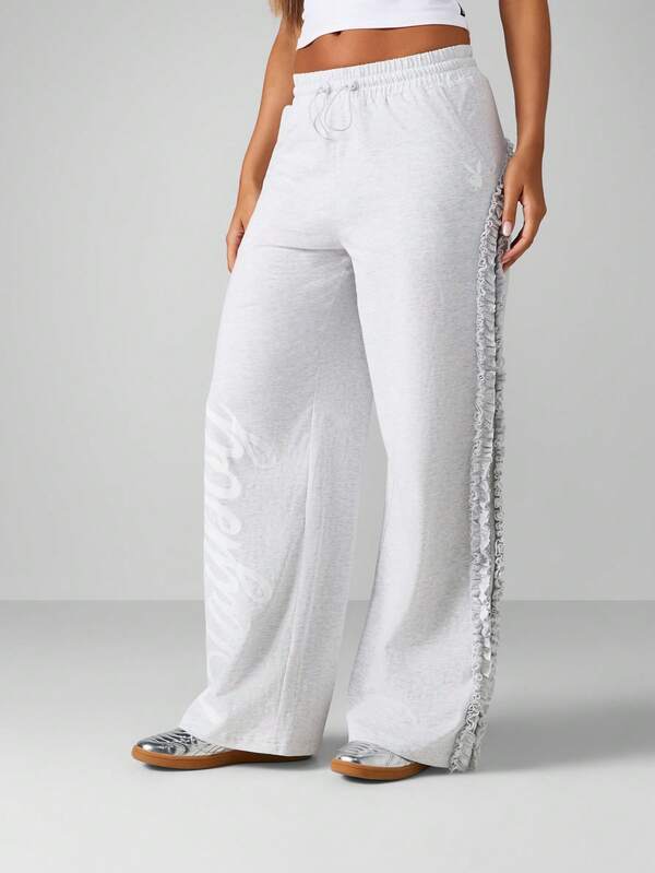 Missguided X Playboy Wide Leg Joggers With Ruffle Side Detail