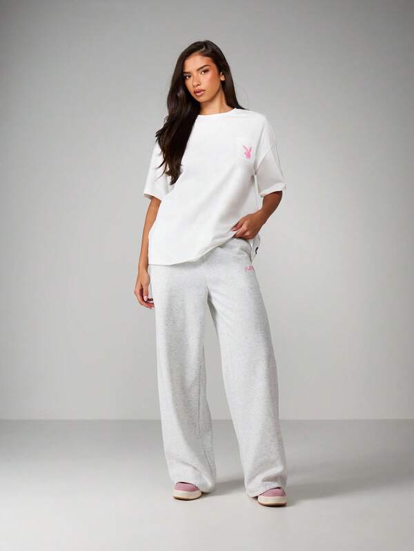 Missguided X Playboy Wide Leg Joggers With Sports Club Print