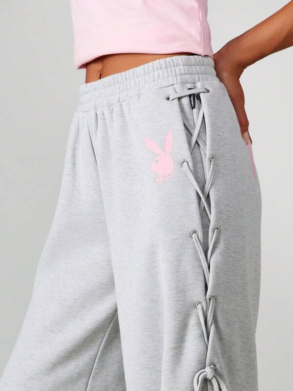 Missguided X Playboy Wide Leg Lace Up Sweatpants