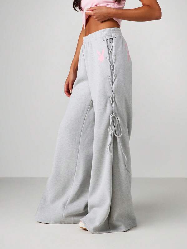 Missguided x Playboy Wide Leg Lace Up Sweatpants