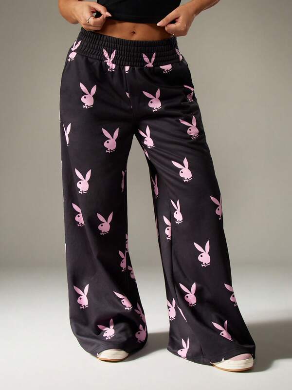 Missguided X Playboy Wide Leg Pajama Pants With Bunny Print