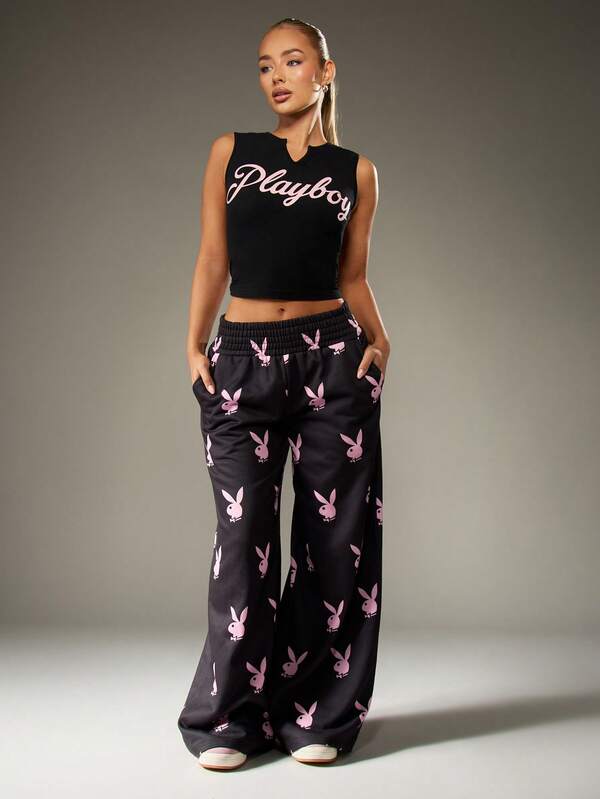 Missguided X Playboy Wide Leg Pajama Pants With Bunny Print