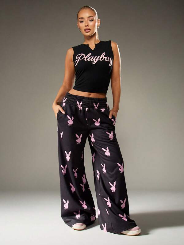 Missguided x Playboy Wide Leg Pajama Pants With Bunny Print