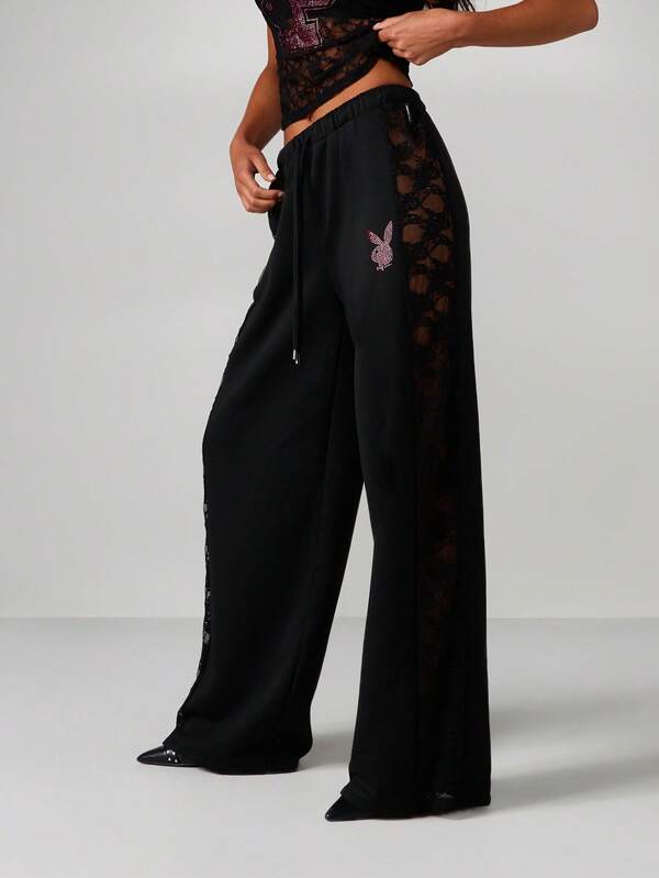 Missguided X Playboy Wide Leg Sweatpants With Lace Panels