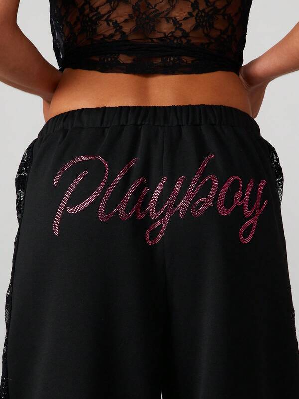 Missguided X Playboy Wide Leg Sweatpants With Lace Panels