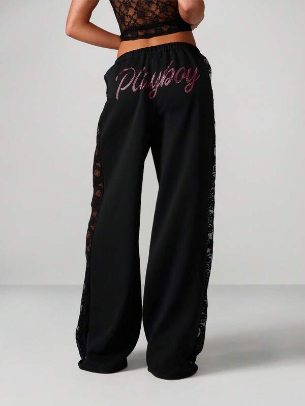 Missguided x Playboy Wide Leg Sweatpants With Lace Panels