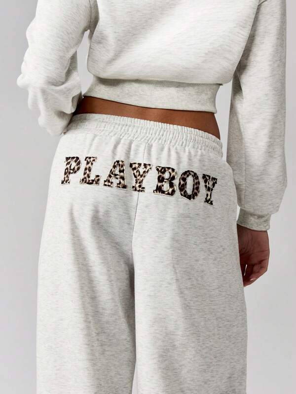 Missguided X Playboy Wide Leg Sweatpants With Leopard Print Logo Details