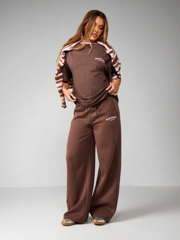Missguided X Playboy Wide Leg Sweatpants With Logo Print