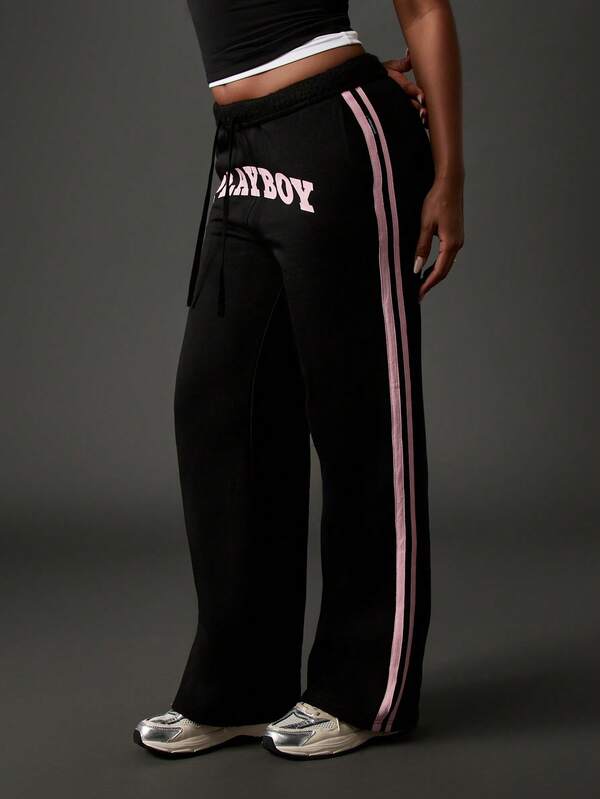 Missguided X Playboy Wide Leg Sweatpants With Pink Side Stripes And Logo