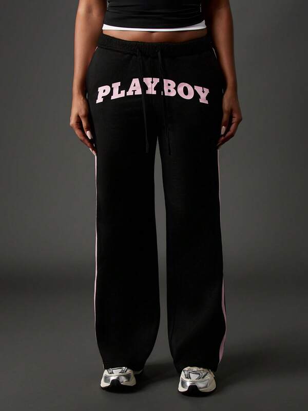 Missguided x Playboy Wide Leg Sweatpants With Pink Side Stripes And Logo