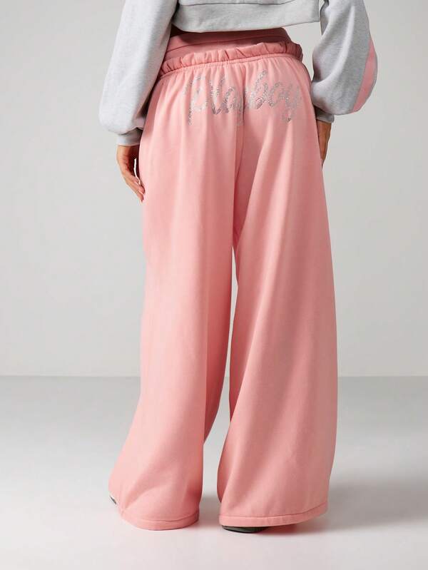 Missguided X Playboy Wide Leg Sweatpants With Rhinestone Text