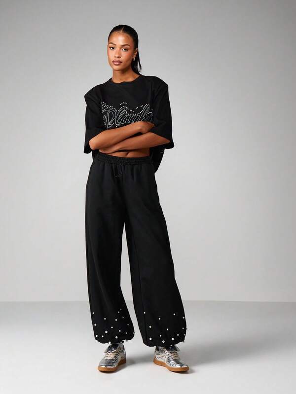 Missguided X Playboy Wide Leg Sweatpants With Rhinestone Text