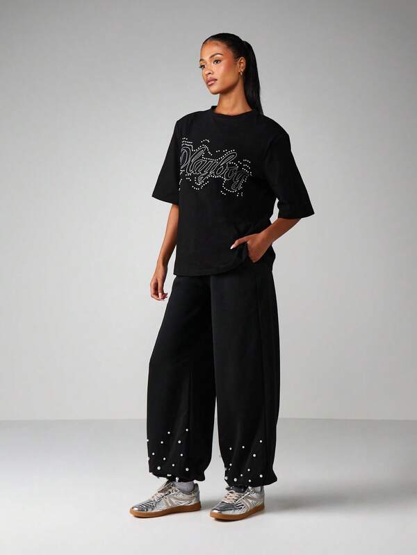 Missguided X Playboy Wide Leg Sweatpants With Rhinestone Text