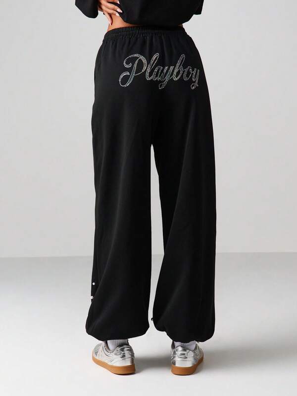 Missguided x Playboy Wide Leg Sweatpants With Rhinestone Text