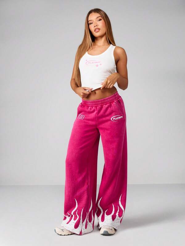 Missguided X Playboy Wide Leg Sweatpants With White Flame Print Design