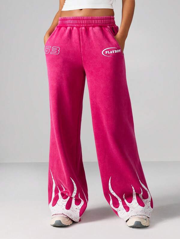 Missguided x Playboy Wide Leg Sweatpants With White Flame Print Design