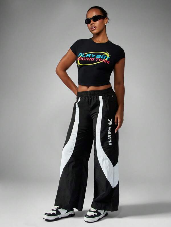 Missguided X Playboy Wide Leg Track Pants With Contrast Panel Design