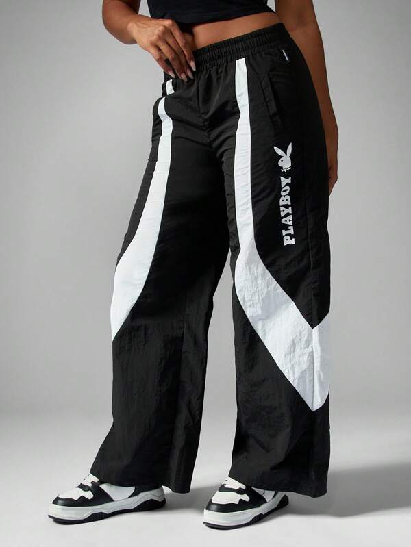 Missguided x Playboy Wide Leg Track Pants With Contrast Panel Design