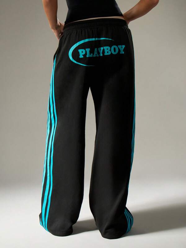 Missguided X Playboy Wide Leg Track Pants With Side Stripes And Drawstring