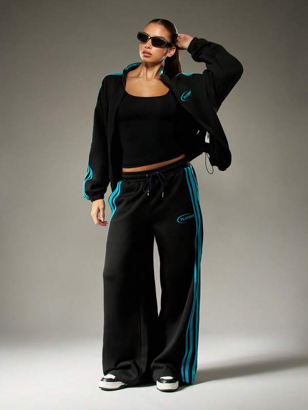 Missguided X Playboy Wide Leg Track Pants With Side Stripes And Drawstring