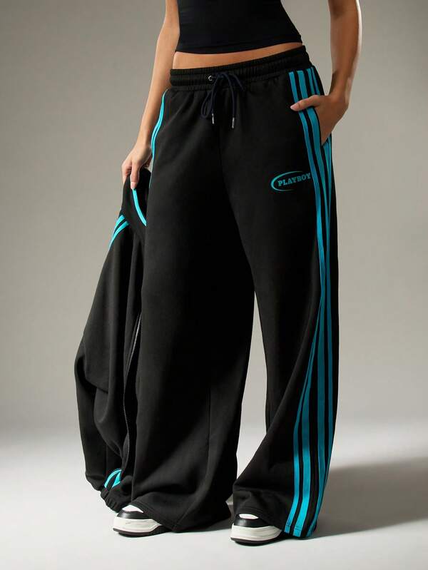Missguided x Playboy Wide Leg Track Pants With Side Stripes And Drawstring