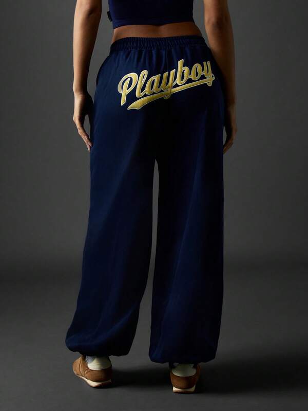 Missguided x Playboy Wide Leg Varsity Jogger Pants With Number Graphics