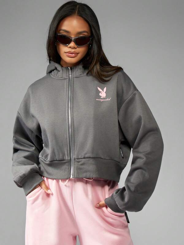 Missguided X Playboy Women Sweatshirts Retro Bunny Cropped Zip-Up Hoodie