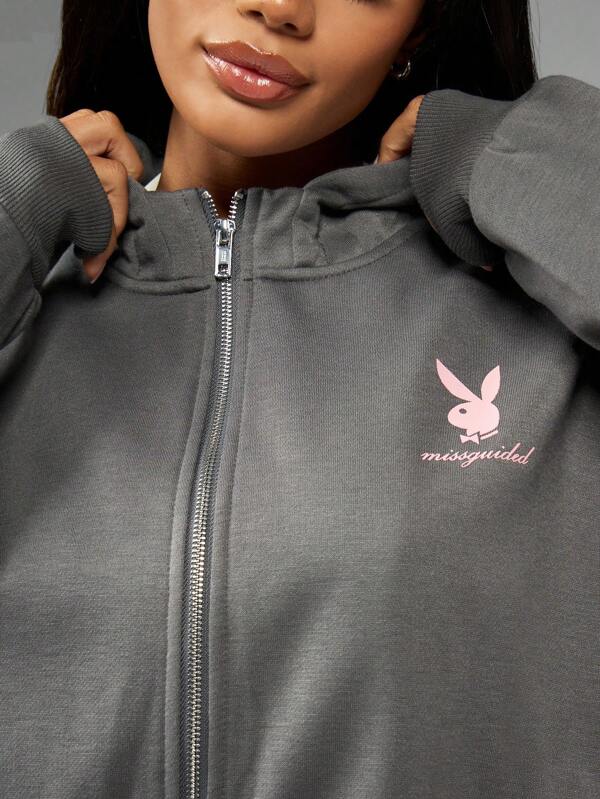 Missguided X Playboy Women Sweatshirts Retro Bunny Cropped Zip-Up Hoodie