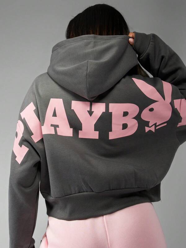 Missguided X Playboy Women Sweatshirts Retro Bunny Cropped Zip-Up Hoodie