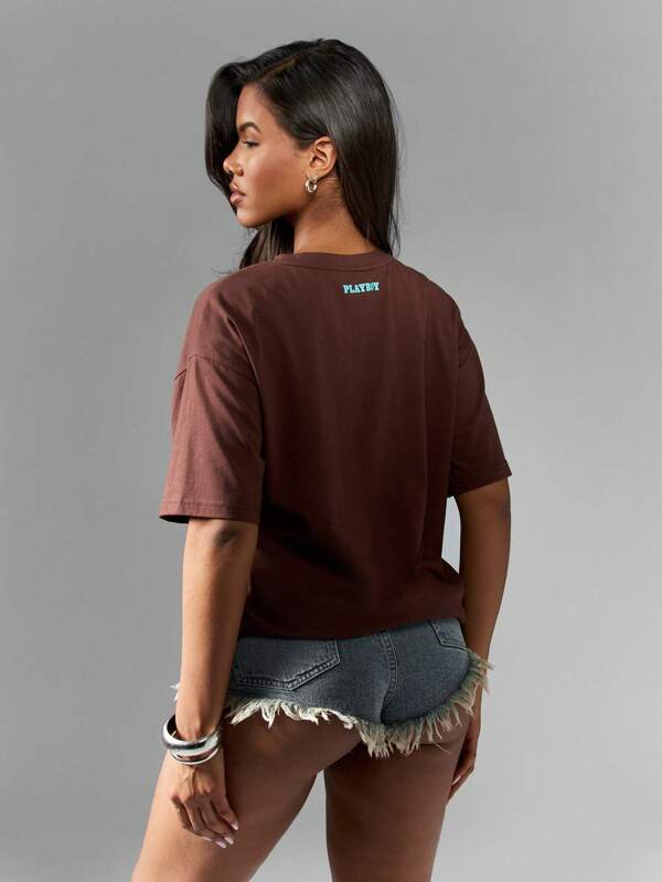 Missguided X Playboy Women T-Shirts Oversized Brown Graphic Horseshoe Print