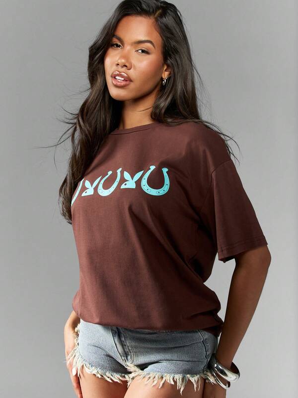 Missguided X Playboy Women T-Shirts Oversized Brown Graphic Horseshoe Print