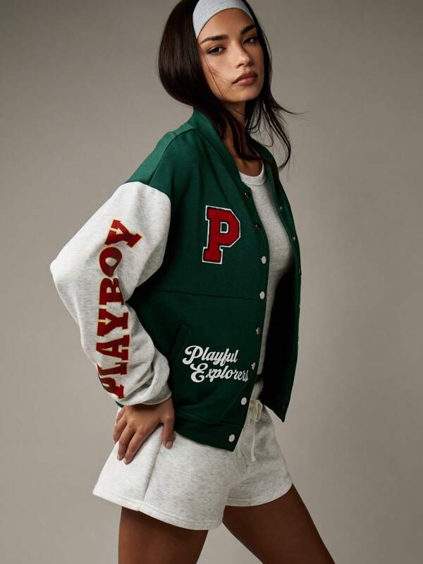 Missguided x Playboy Women Vintage Style Varsity Letter Bomber Jacket
