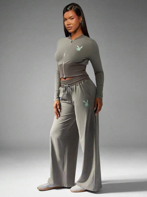 Missguided x Playboy Zip Front Crop Top With Wide Leg Pants