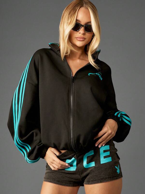 Missguided X Playboy Zip Through Funnel Neck Sweatshirt With Side Stripes