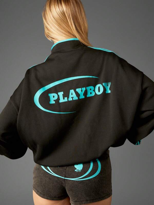 Missguided x Playboy Zip Through Funnel Neck Sweatshirt With Side Stripes